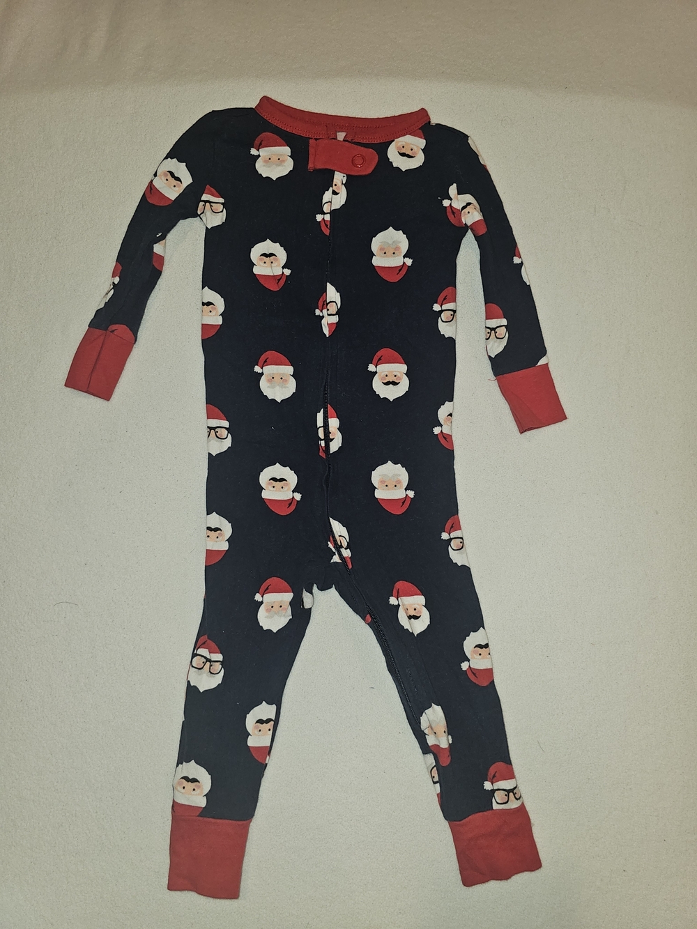 Kids Navy Santa Print Onsie Pajamas with Red Trim